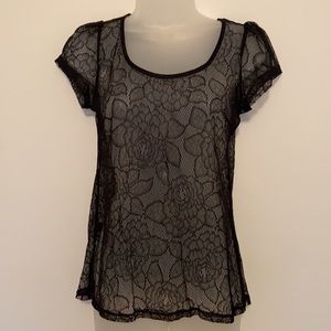 Express Black Sheer Lace round neck Top cap sleeve